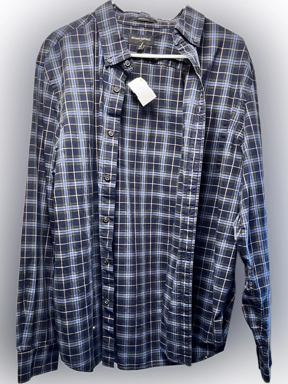 Banana Republic Navy, Light Blue & Tan Plaid Shirt like new nwot